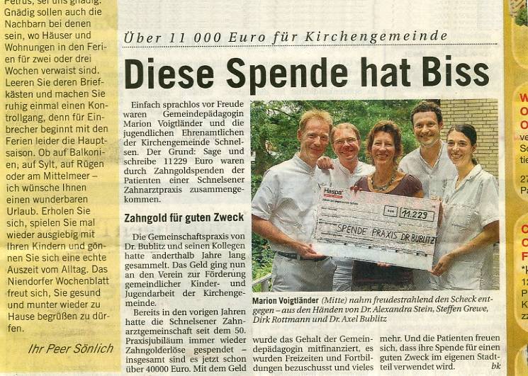 Charity Geldspende Kirchengemeinde 2007 Ninedorfer Wochenblatt Hamburg Zahnarztpraxis